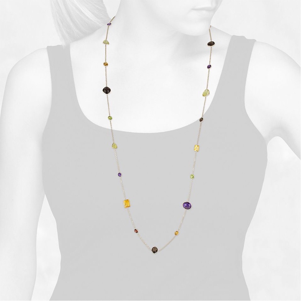 New - Long Multi-Gemstone Necklace in 14k Yellow Gold (34")